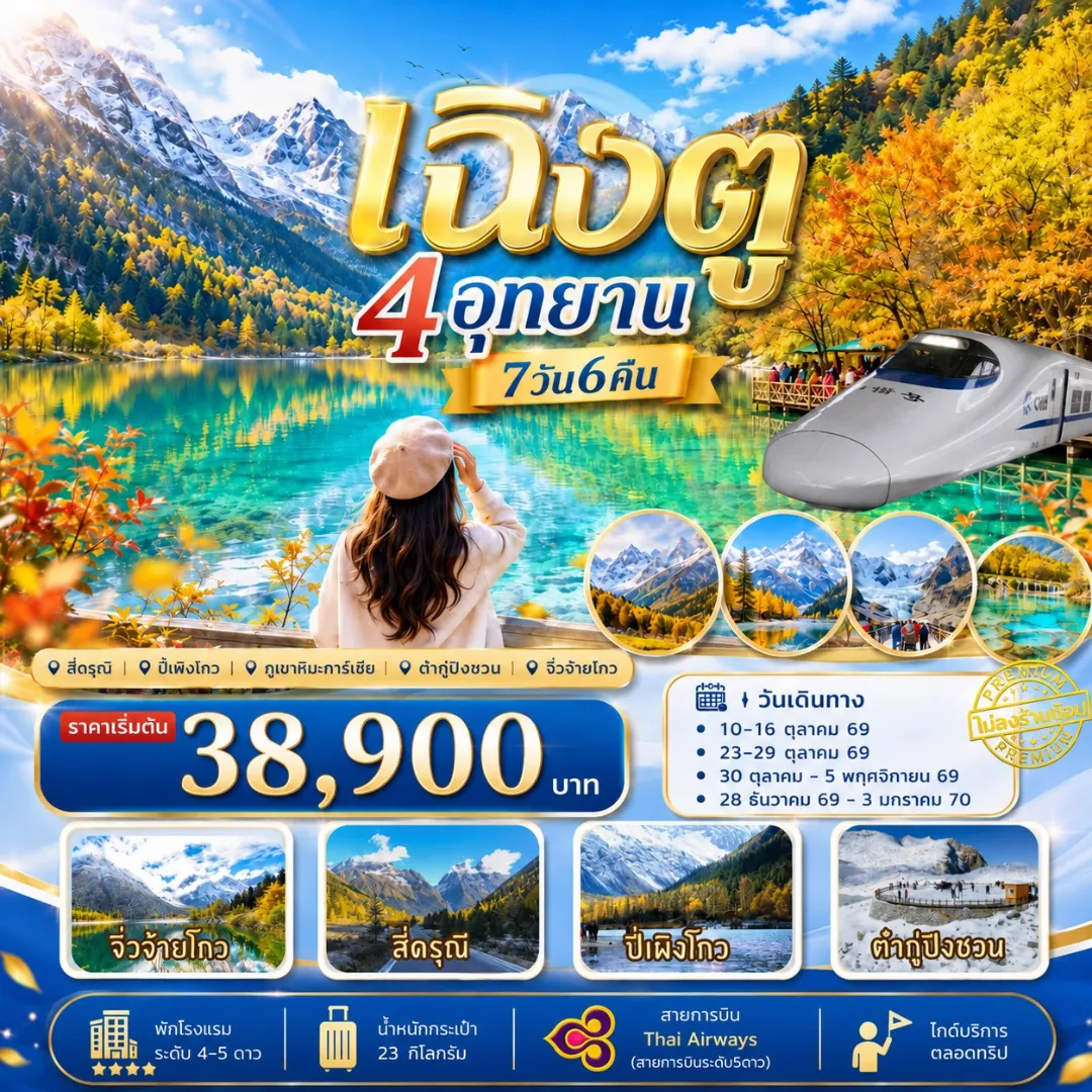 ทัวร์จีน ทัวร์เฉิงตู เที่ยว4อุทยาน สี่ดรุณี ปี่เผิงโกว ต๋ากู่ปิงชวน จิ่วจ้ายโกว 7วัน 6คืน (TG)